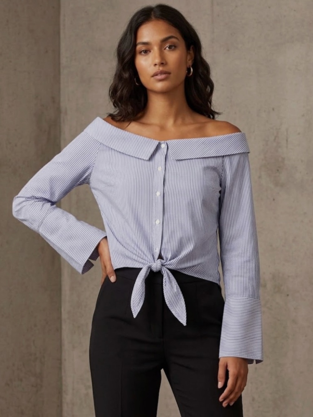 Romeo + Juliet Couture Off-ShoulderBlue White Striped Collared Button Tie Blouse